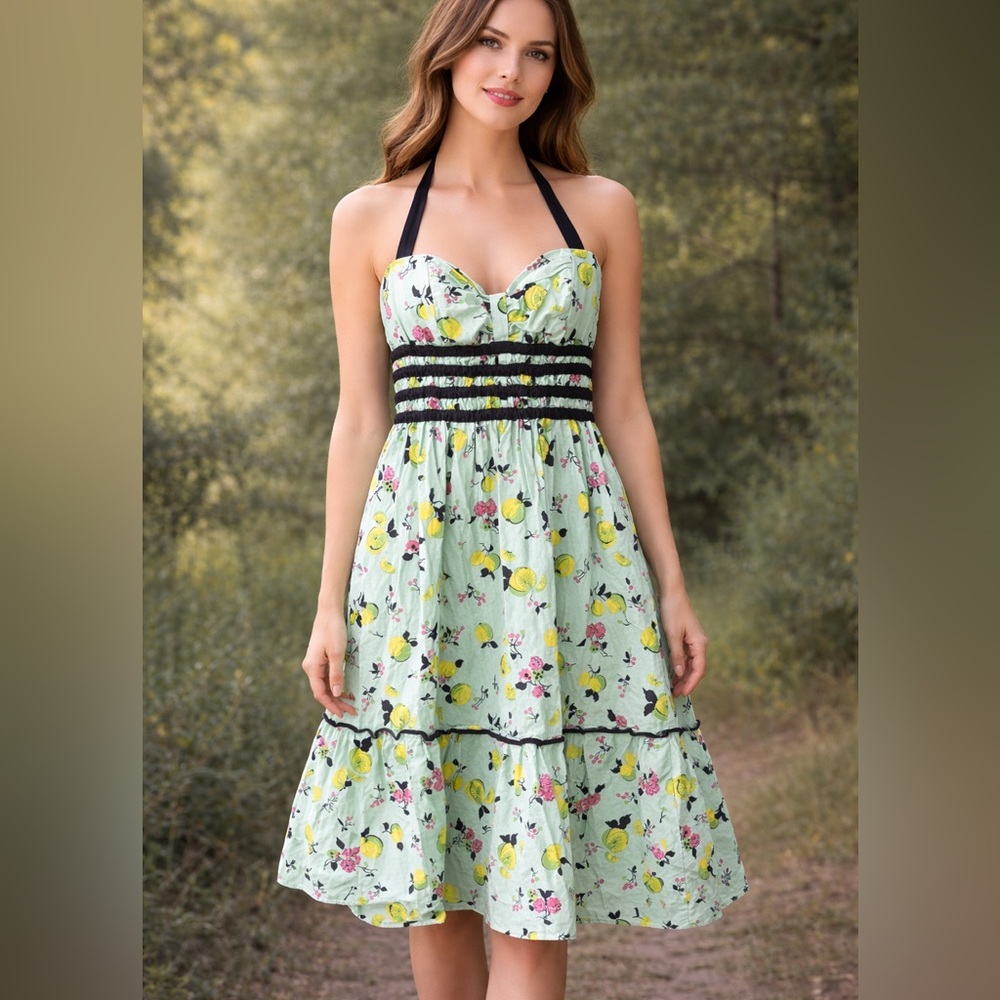 Betsey Johnson Vintage Mint Green Lemon Poplin Smocked Halter Dress Size 6